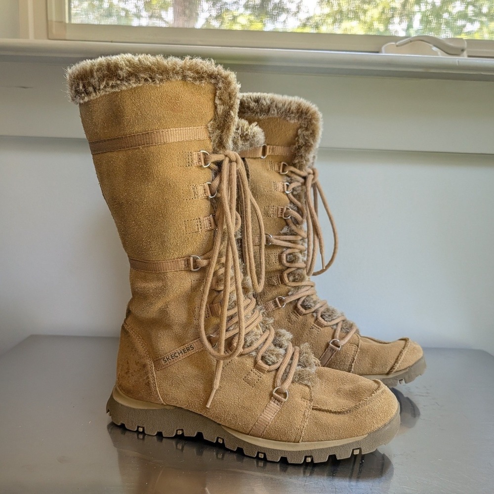 Vintage Y2K Skechers Tan Suede Faux Fur Lace Up Tall Winter Boots 7.5